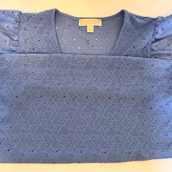 Michael Kors Floral Lace Eyelet Pull Over Blouse Blue Size Large Ruffled Sleeve - Picture 9 of 14